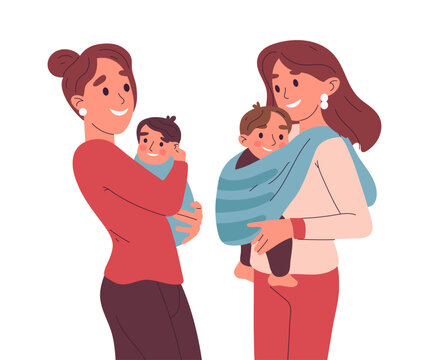 Young mothers carrying babies. Moms and kids, female parents holding toddlers in arms flat vector illustration. Happy motherhood concept