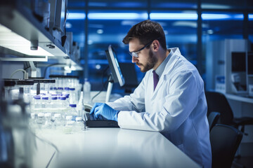 A dedicated male industrial pharmacist meticulously working amidst the high-tech equipment in a pristine pharmaceutical lab