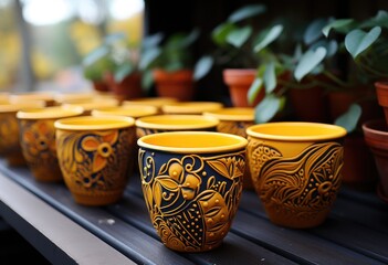 A colorful array of ceramic serveware and houseplants adorn the table, inviting a sense of warmth and homeliness through their delicate earthenware bowls and porcelain flowerpots