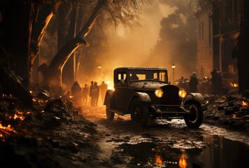 A stranded vehicle in the aftermath of a natural disaster, surrounded by firefighters in the dark night, struggling to navigate through the muddy road with its wheels caked in dirt and debris