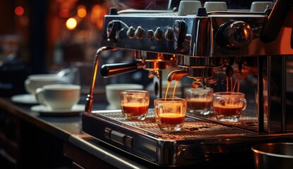A sleek kitchen appliance effortlessly pours rich, aromatic coffee into dainty glasses, creating the perfect drink for a cozy indoor setting or a bustling restaurant or bar