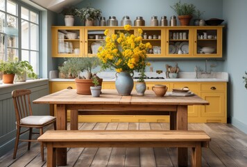A charming dining room setup featuring a wooden coffee table adorned with a vase of vibrant yellow flowers, surrounded by elegant cabinetry and shelving, creating a warm and inviting atmosphere in th