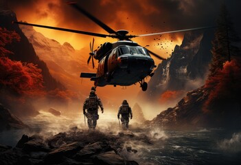 A fierce military helicopter, its powerful rotorcraft spinning above, serves as a brave and formidable transport vehicle for soldiers amidst the fiery chaos of battle