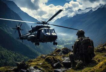 A solitary soldier gazes out at the majestic mountain range, as the thunderous roar of a military helicopter's rotor fills the sky above him - obrazy, fototapety, plakaty