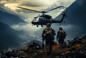 A daring group of hikers traversed the rugged mountain terrain, guided by the steady beat of the military helicopter's rotorcraft as it soared through the cloudy sky, a symbol of both transport and a - obrazy, fototapety, plakaty