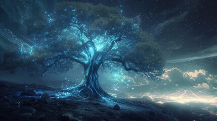 Digital art illustration of Yggdrasil tree of life