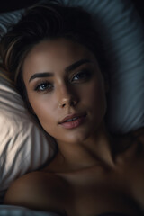Fototapeta premium Beautiful Woman Laying in Bed Under a Blanket. Generative AI.