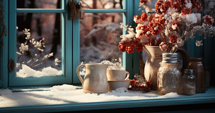 Amidst the winter chill, a cozy indoor scene captures a window sill adorned with vases, cups, and a festive pitcher, showcasing a delicate balance of indoor and outdoor elements, accompanied by a war