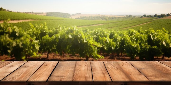 Empty copy space on brown wooden table in a green vineyard.