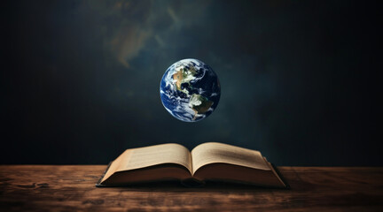 Vintage Opened Book on a Wooden Table with Earth Planet Hovering above. World Book Day Concept
