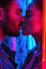 Beautiful couple in love kissing, neon lights