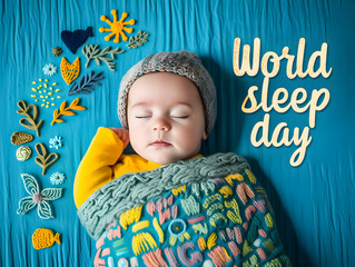 Baby sleep in yellow outfit and knitted cap with 'World Sleep Day' on blue.