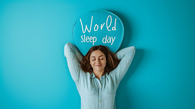 Relaxed woman lying down with "World Sleep Day" sign above her head. - Powered by Adobe