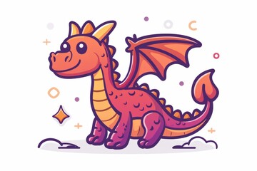 A cartoon dragon, vector flat icon illustration, Modern Line Icon, bold lines, vibrant color, linear patterns, isolate on white