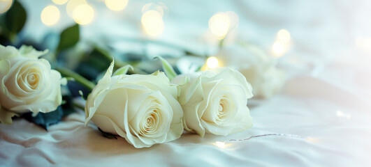 Obraz na płótnie Canvas Serene bouquet of white roses against a gentle, luminous backdrop.