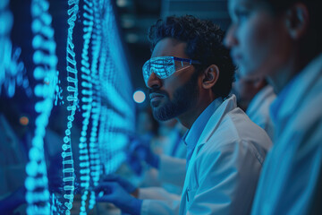 scientists working with futuristic transparent interface