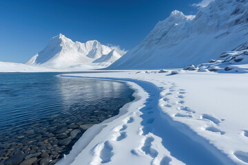 snowy coast, arctic landscape with mountain and lake