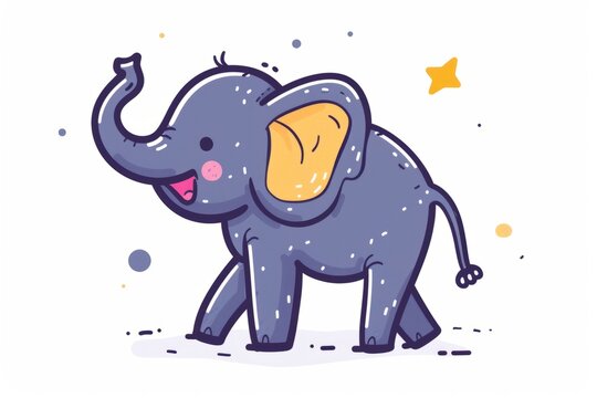A cartoon elephant with a raised trunk and a happy stomp, vector flat icon illustration, Modern Line Icon, bold lines, vibrant color, linear patterns, isolate on white