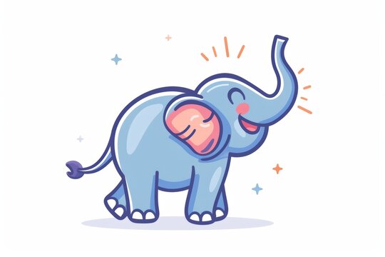 A cartoon elephant with a raised trunk and a happy stomp, vector flat icon illustration, Modern Line Icon, bold lines, vibrant color, linear patterns, isolate on white