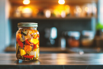 Close up of a jar of pickled vegetables on a kitchen counter - Powered by Adobe