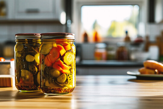 Close up of a jar of pickled vegetables on a kitchen counter