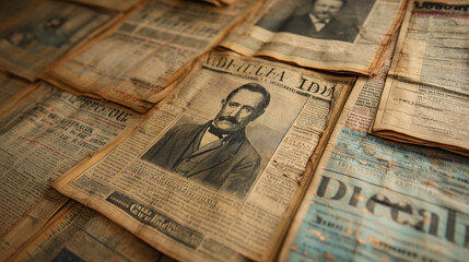 Fototapeta na wymiar Pile of Newspapers Featuring Picture of Abraham Lincoln