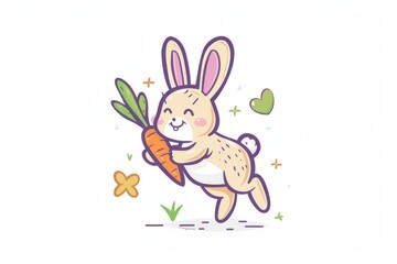 Obraz na płótnie Canvas A cartoon rabbit with a carrot and a hoppy jump, vector flat icon illustration, Modern Line Icon, bold lines, vibrant color, linear patterns, isolate on white