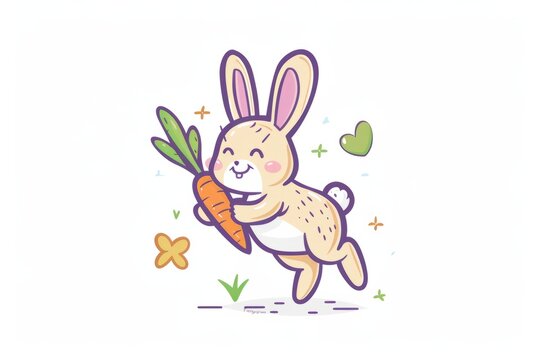 A cartoon rabbit with a carrot and a hoppy jump, vector flat icon illustration, Modern Line Icon, bold lines, vibrant color, linear patterns, isolate on white