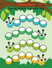 Pen tracing lines activity worksheet for children. Pencil control for kids practicing motoric skills. Caterpillar educational printable worksheet. Vector illustration.