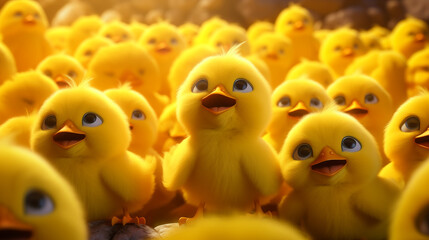Crowd, a bunch of cartoon, cute, yellow close-up chickens, chicks. - obrazy, fototapety, plakaty