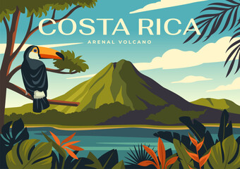 Travel destination poster. Beautiful natural landscape with tropical plants, exotic bird, sea and mountains of Costa Rica. Tourism, vacation and summer journey. Cartoon flat vector illustration © Rudzhan