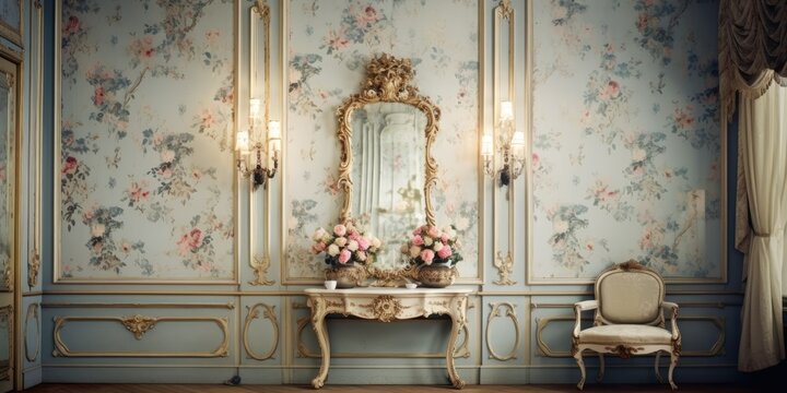 Elegant rococo-style room with vintage wallpaper in a classic royal home.