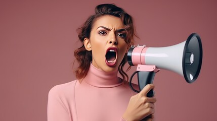 Beautiful brunette woman sale promotion with megaphone isolated on pink background. AI generated