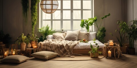 Boho room with serene atmosphere, wicker accents, lush plants, and wooden flooring.