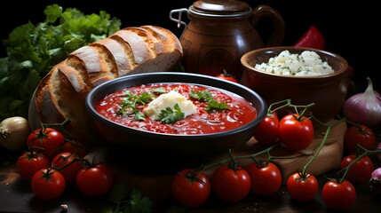Soup Affair Ukrainian Borscht, Bread, and Colorful Vegetables