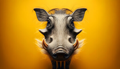 A close-up frontal view of a warthog on a yellow background