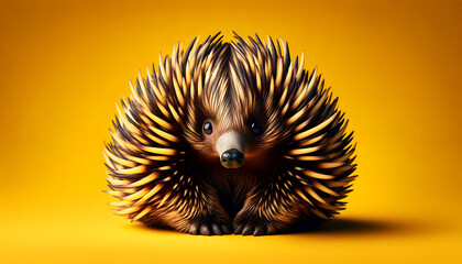 A close-up frontal view of a echidna on a yellow background
