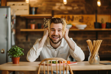 The concept of deception, lies. Hang noodles on the ears. A smiling man having fun with noodles hanging on his ears in a kitchen setting.