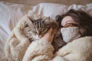 Young woman and fluffy cat share serene nap under a soft blanket. Heating in winter, cold in the house. Cozy Nap with Fluffy Cat. Pets cozy homes
