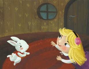 cartoon scene in the hidden room of some cosy house like house with girl child and rabbit bunny illustration for children