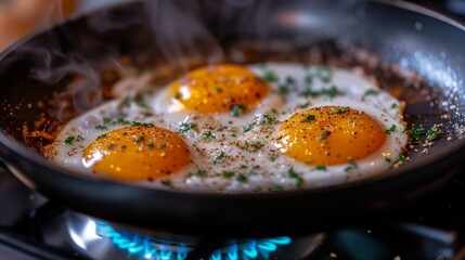 Sunny-side-up eggs sizzle over a vibrant blue gas flame