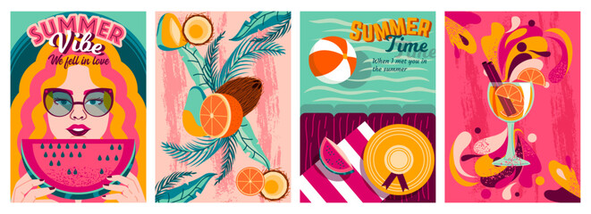 Set of Summer vibe posters. Sunny postcards with girl eating watermelon, refreshing cocktail, sea beach and exotic fruits. Cover design. Cartoon flat vector illustrations isolated on white background - obrazy, fototapety, plakaty