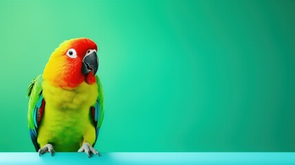 Beautiful green lovebird parrot isolated copy space on light green background