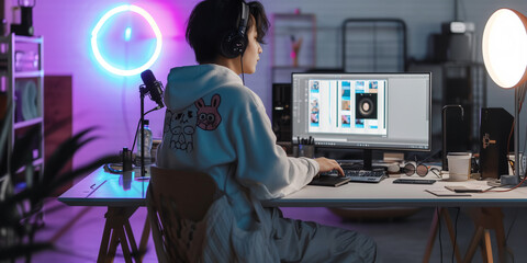 Designer Illustrator working in a modern studio with dual screens and a ring light