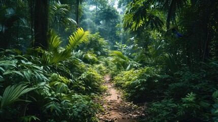 Fototapeta premium Jungle background. A beautiful path through the impenetrable jungle. Mysterious impenetrable jungle overgrown with exotic plants. Background. Tropical paradise. Generative AI