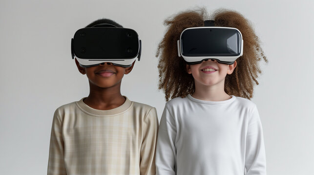 Two children wearing virtual reality headsets, standing side by side, smiling