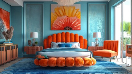 A bedroom with a blue and orange color scheme, AI