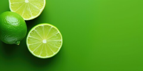 Whole and Sliced Limes on Green Background with Copy Space. Generative AI