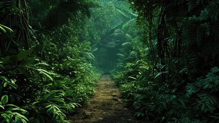 Fototapeta premium Jungle background. A beautiful path through the impenetrable jungle. Mysterious impenetrable jungle overgrown with exotic plants. Background. Tropical paradise. Generative AI