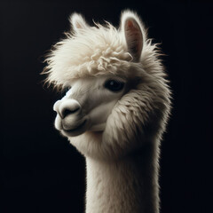 Alpaca, Funny white alpaca, Llamas, Llama, Lama glama, looking at the camera with curiosity, isolated black background.